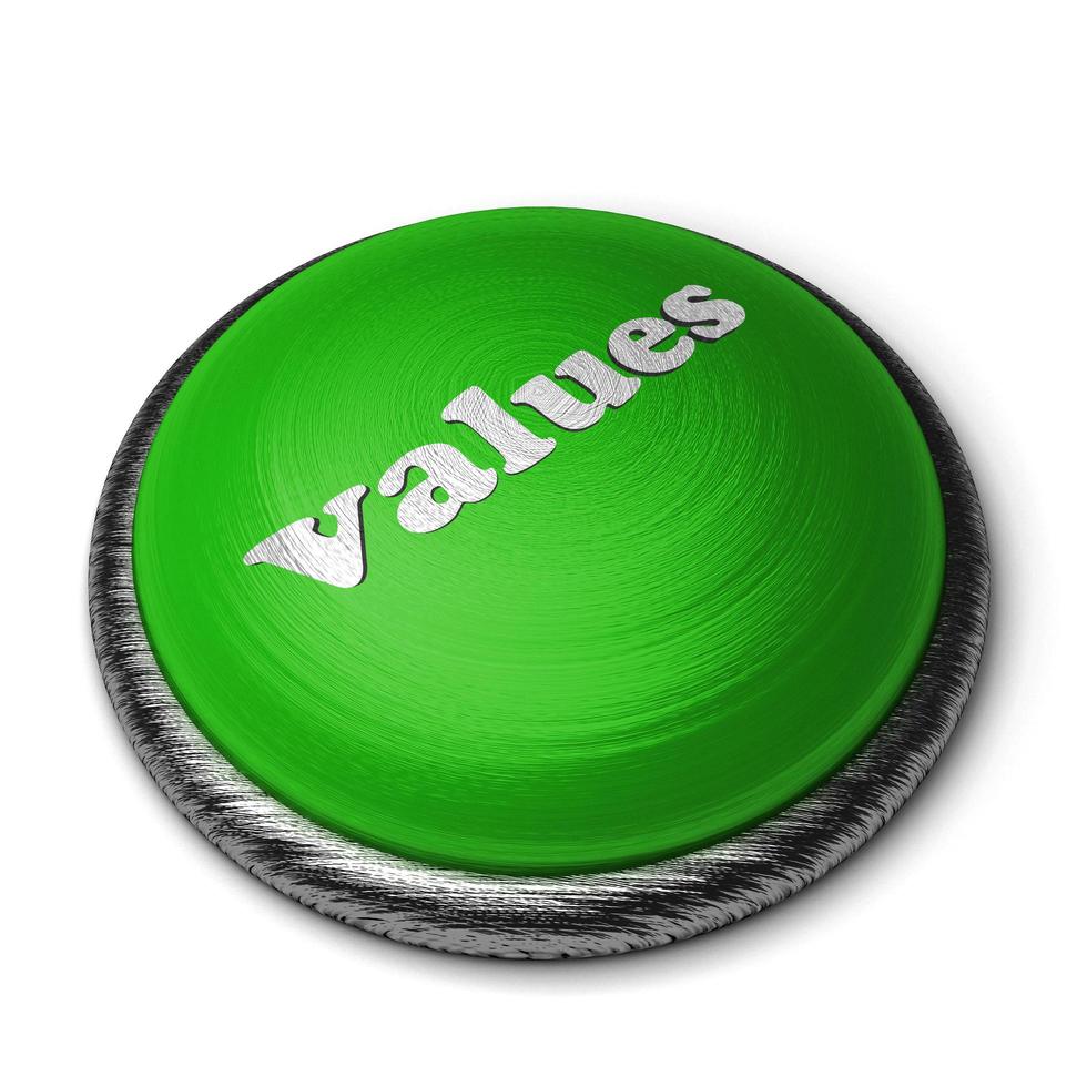 Palabra de valores en el botón verde aislado en blanco foto