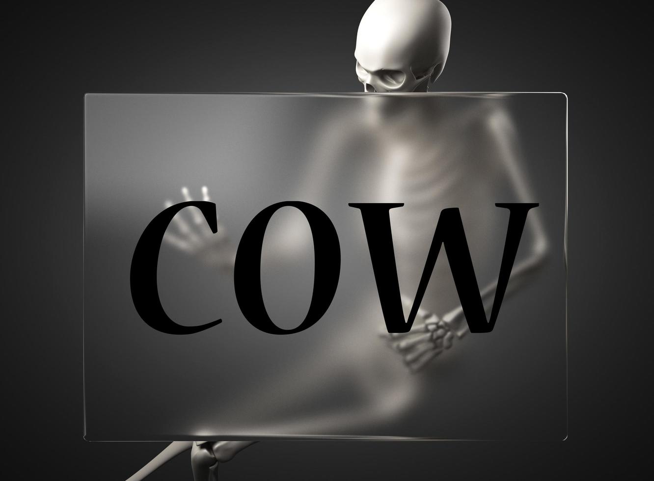 cow word on glass and skeleton photo