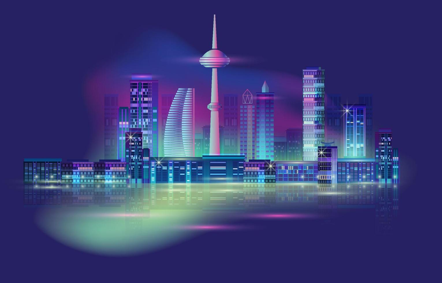 Night City Panorama with Neon Glow on Dark Background. Vector. vector