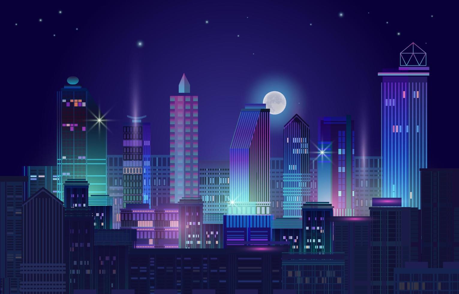 Night City Panorama With Neon Glow On Dark Background Vector Vector Art At Vecteezy