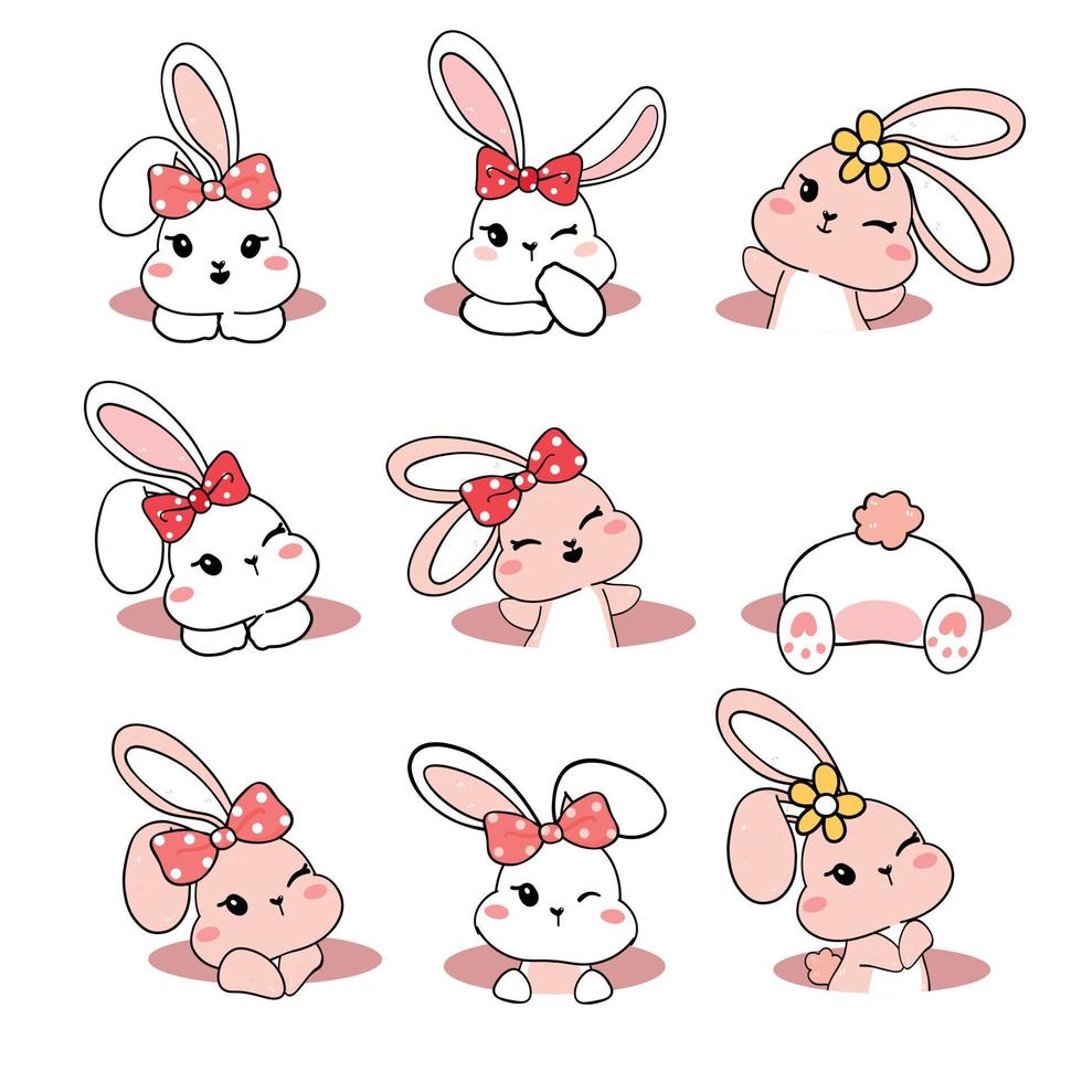 group of cute playful white baby bunny rabbit in hole collection, playful animal cartoon hand drawing outline vector, sweet baby girl bunny vector