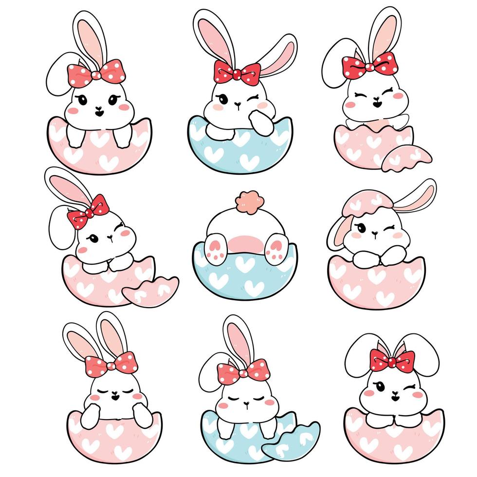 group of cute playful white baby bunny rabbit with bow head in broken Easter egg shell collection, playful animal cartoon hand drawing outline vector, sweet baby girl bunny vector