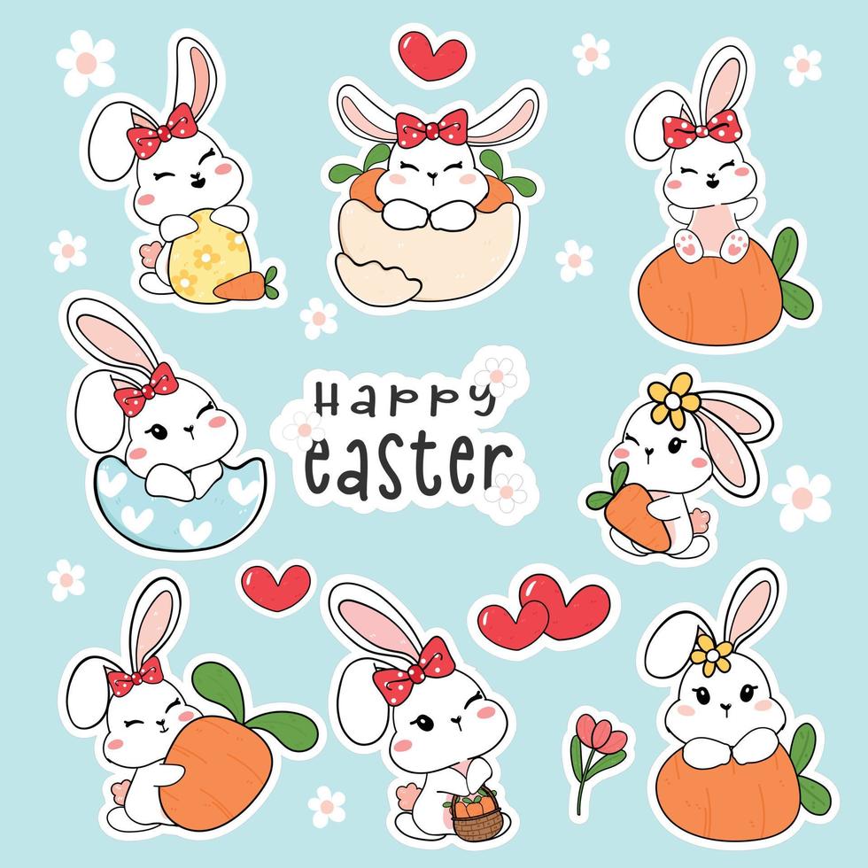Group of cute white baby bunny rabbit with carrot and Easter egg sticker collection set, cartoon drawing outline vector