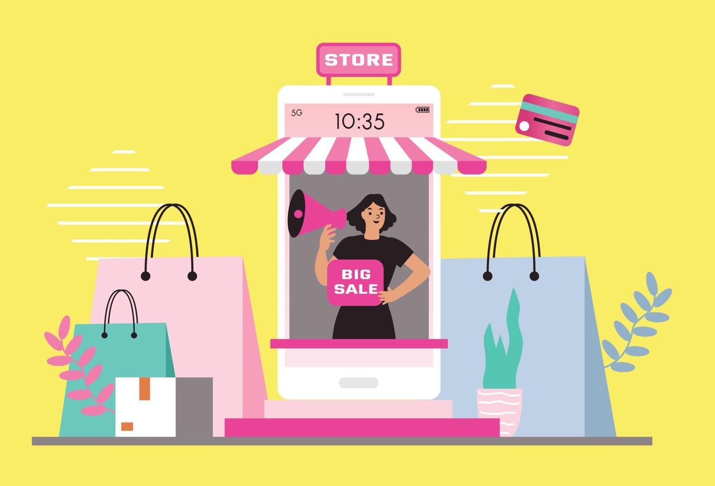 mujeres felices con compras en pago móvil con tarjeta de crédito. compras en línea en una tienda en línea en un sitio web o aplicación móvil. el concepto de vector ama ir de compras. diseño para banner de venta, marketing digital.