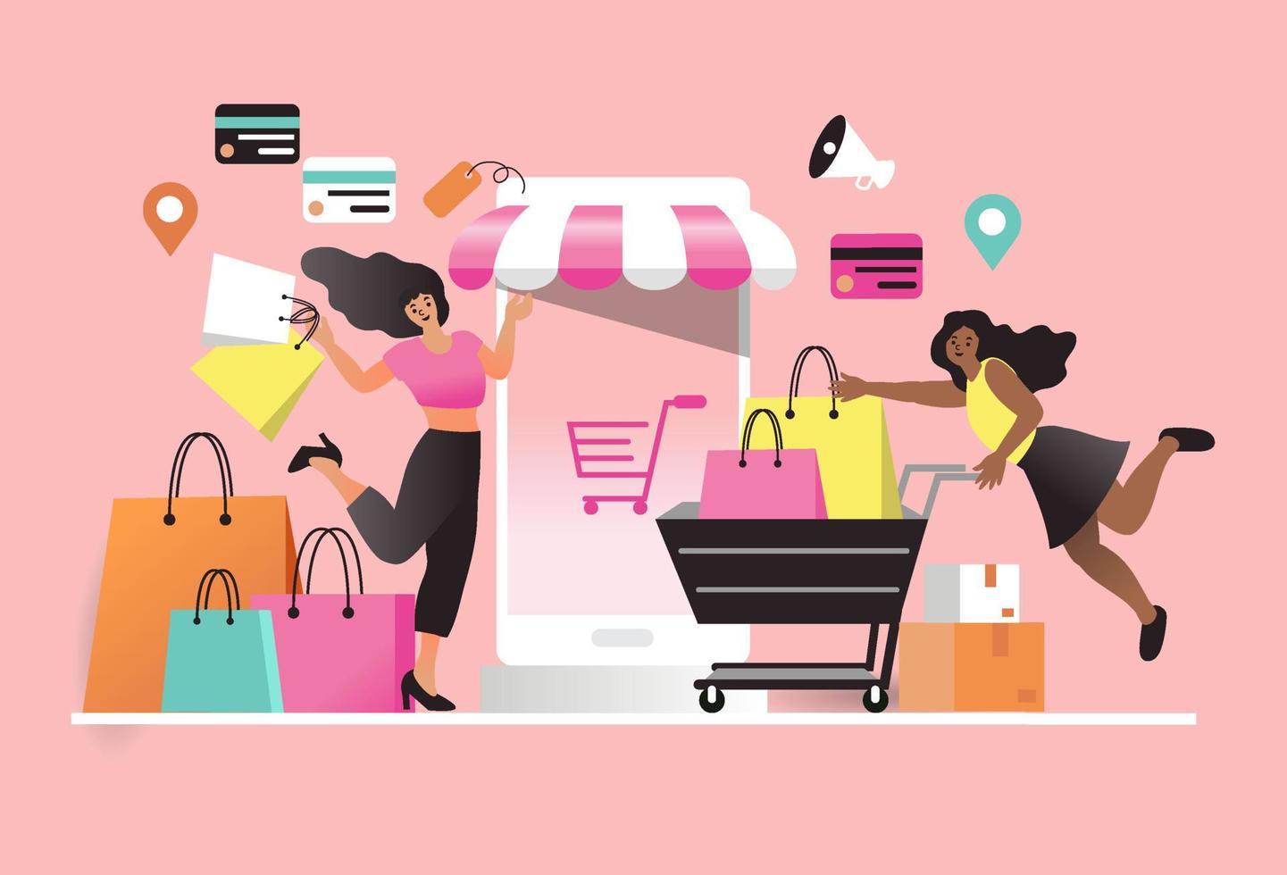 Women happy with shopping on mobile pay by credit card. Shopping online in an online store on a website or mobile application. vector concept loves shopping. Design for Sale banner, Digital marketing.