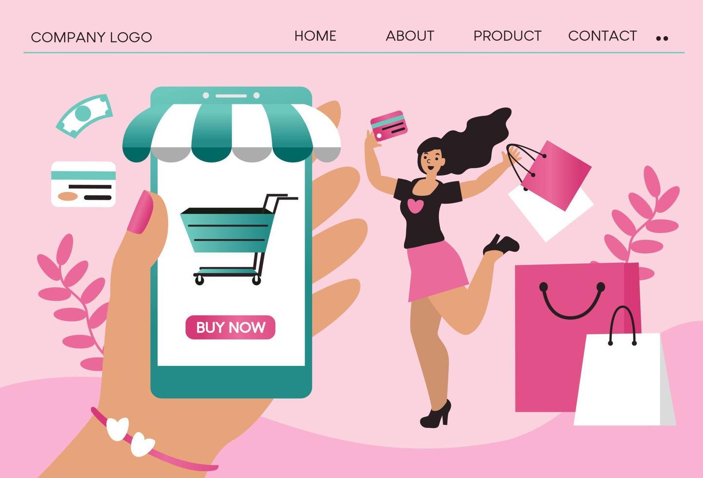 mujeres felices con compras en pago móvil con tarjeta de crédito. compras en línea en una tienda en línea en un sitio web o aplicación móvil. el concepto de vector ama ir de compras. diseño para banner de venta, marketing digital.