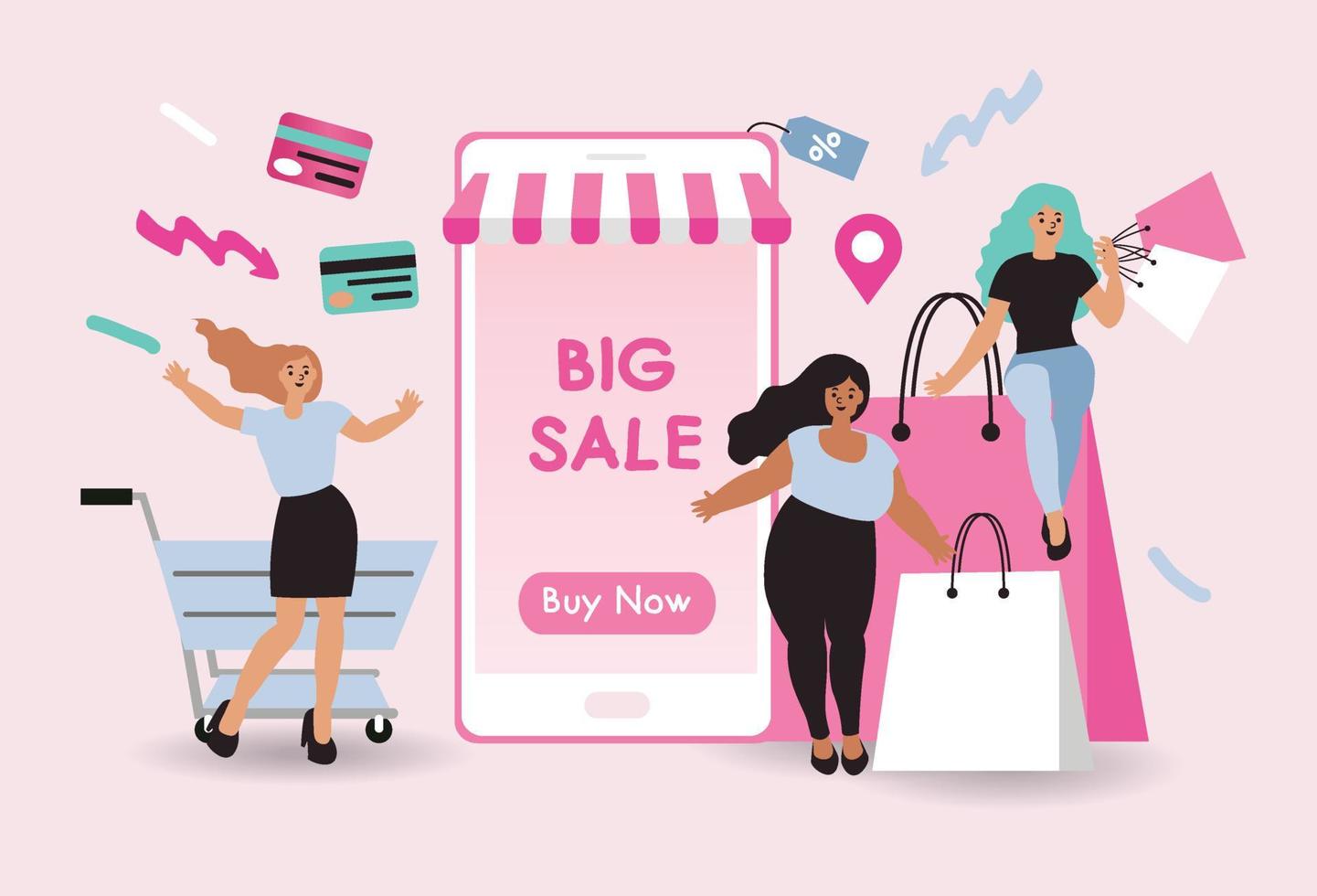 Women happy with shopping on mobile pay by credit card. Shopping online in an online store on a website or mobile application. vector concept loves shopping. Design for Sale banner, Digital marketing.