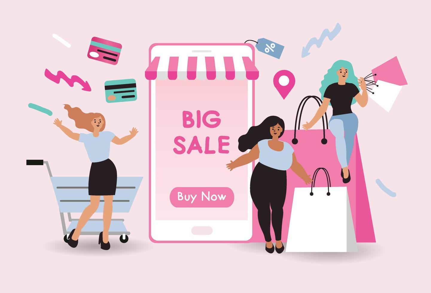 mujeres felices con compras en pago móvil con tarjeta de crédito. compras en línea en una tienda en línea en un sitio web o aplicación móvil. el concepto de vector ama ir de compras. diseño para banner de venta, marketing digital.