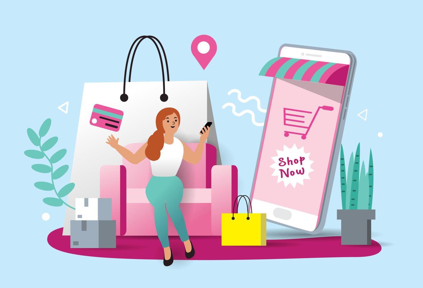 Women happy with shopping on mobile pay by credit card. Shopping online in an online store on a website or mobile application. vector concept loves shopping. Design for Sale banner, Digital marketing.