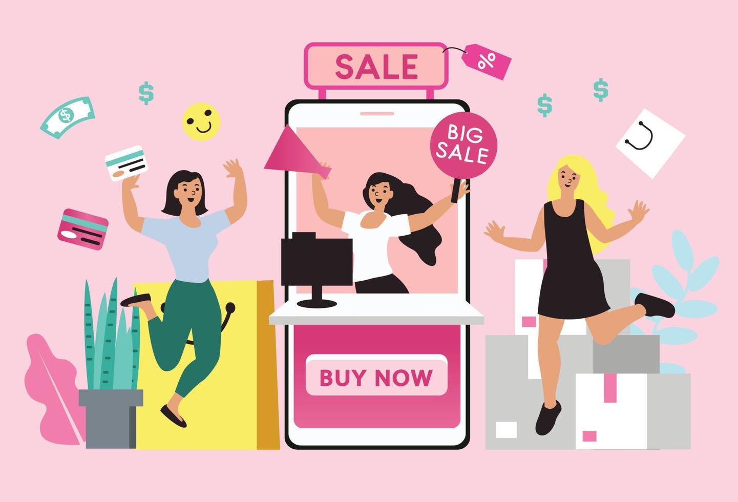 mujeres felices con compras en pago móvil con tarjeta de crédito. compras en línea en una tienda en línea en un sitio web o aplicación móvil. el concepto de vector ama ir de compras. diseño para banner de venta, marketing digital.