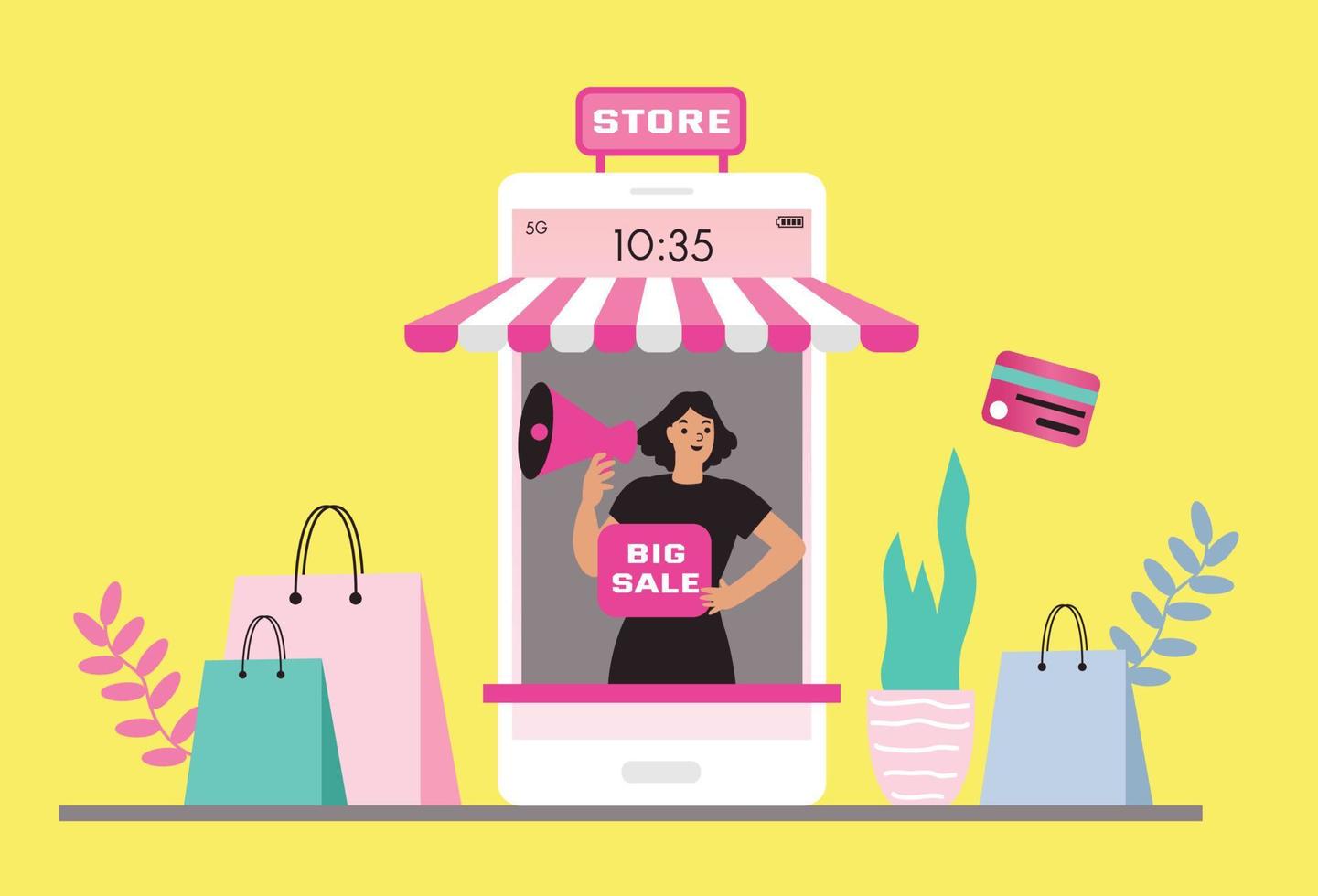 mujeres felices con compras en pago móvil con tarjeta de crédito. compras en línea en una tienda en línea en un sitio web o aplicación móvil. el concepto de vector ama ir de compras. diseño para banner de venta, marketing digital.