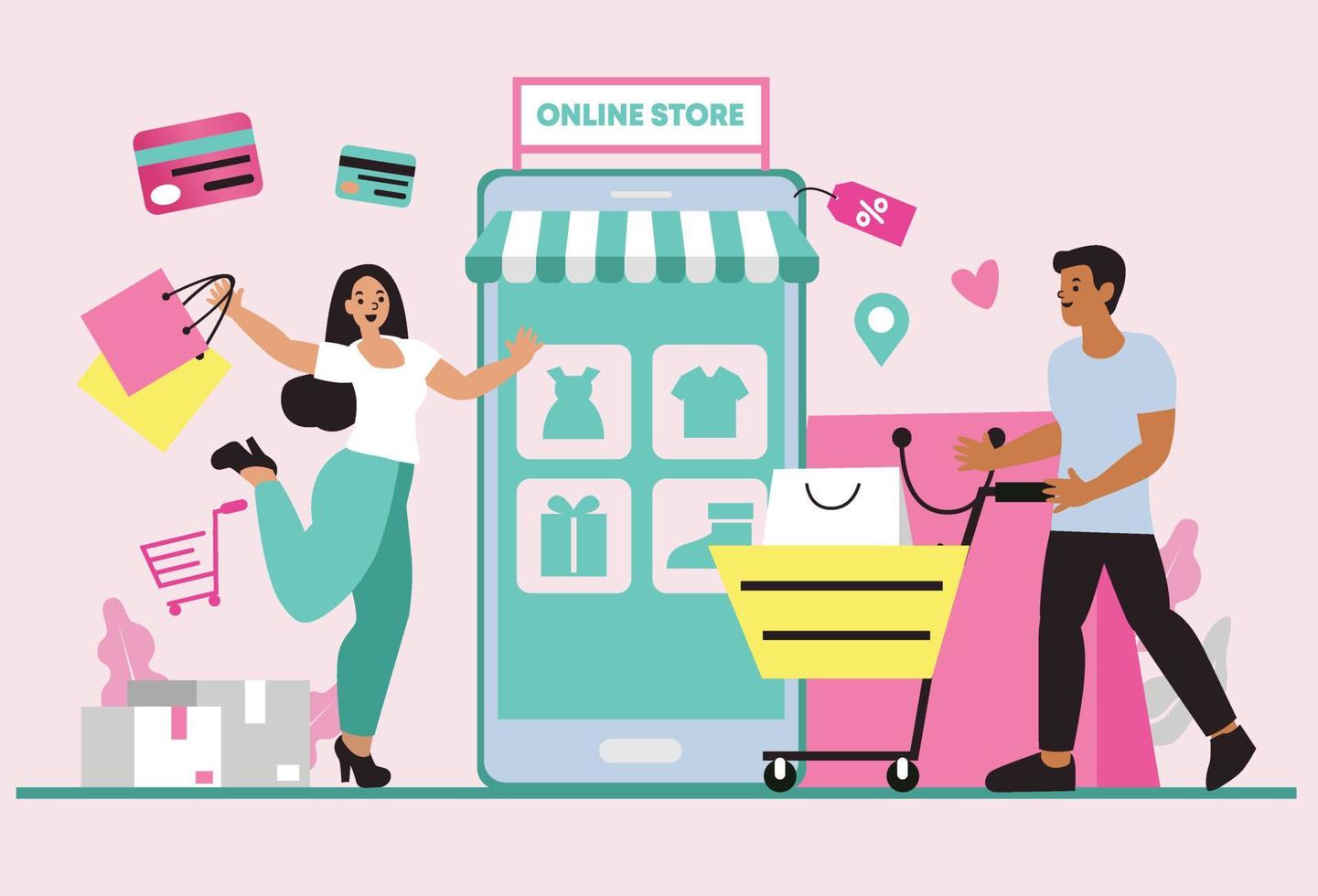 mujeres felices con compras en pago móvil con tarjeta de crédito. compras en línea en una tienda en línea en un sitio web o aplicación móvil. el concepto de vector ama ir de compras. diseño para banner de venta, marketing digital.