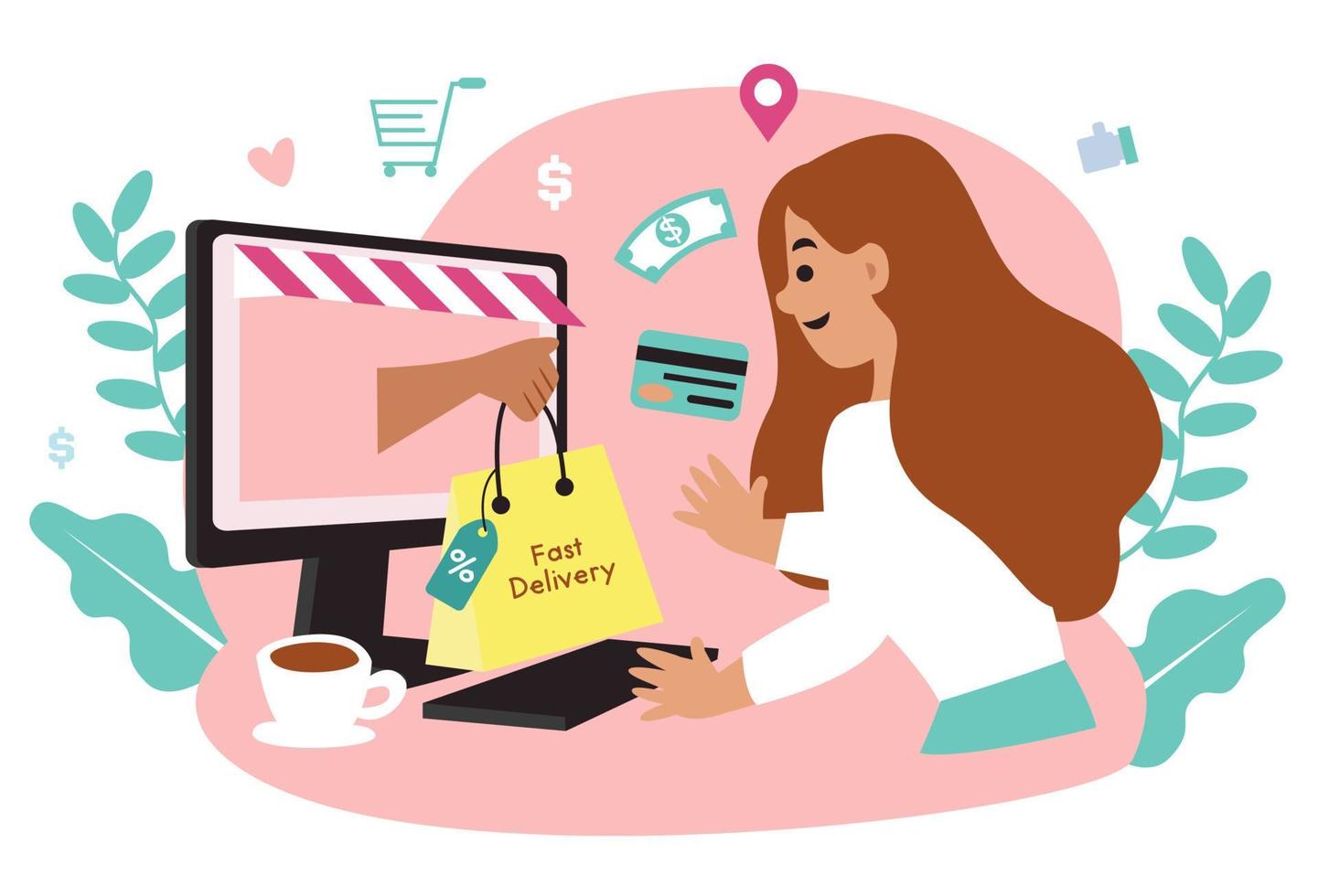 mujeres felices con compras en pago móvil con tarjeta de crédito. compras en línea en una tienda en línea en un sitio web o aplicación móvil. el concepto de vector ama ir de compras. diseño para banner de venta, marketing digital.