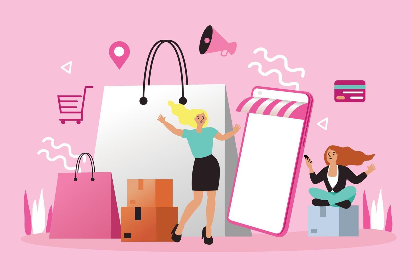 mujeres felices con compras en pago móvil con tarjeta de crédito. compras en línea en una tienda en línea en un sitio web o aplicación móvil. el concepto de vector ama ir de compras. diseño para banner de venta, marketing digital.