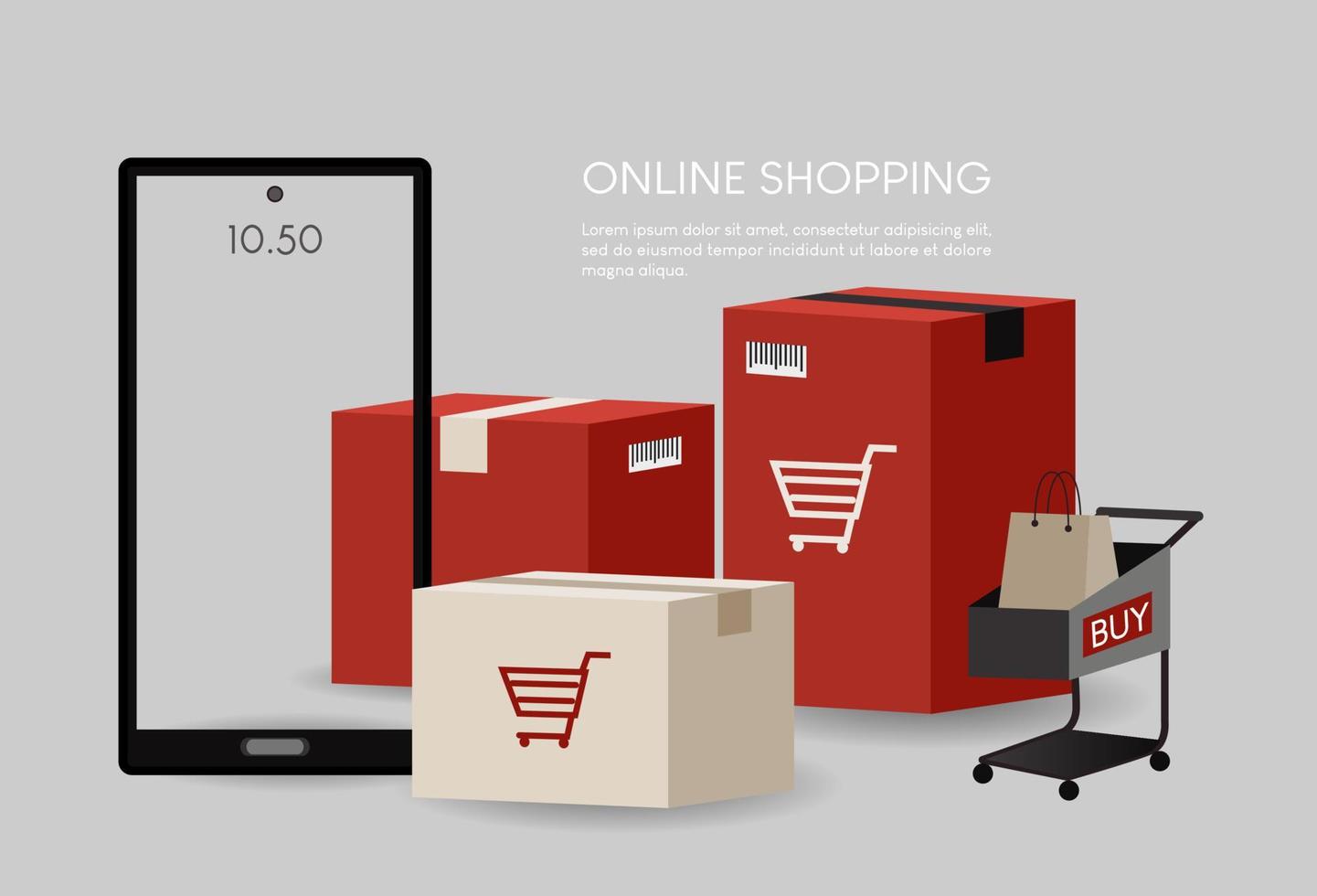 ilustración de compras en línea, hay un móvil blanco, un carrito de compras rojo y una bolsa de compras. diseño para sitio web, banner de venta, página de inicio, aplicación móvil, tienda en línea, tienda en línea, negocio vector