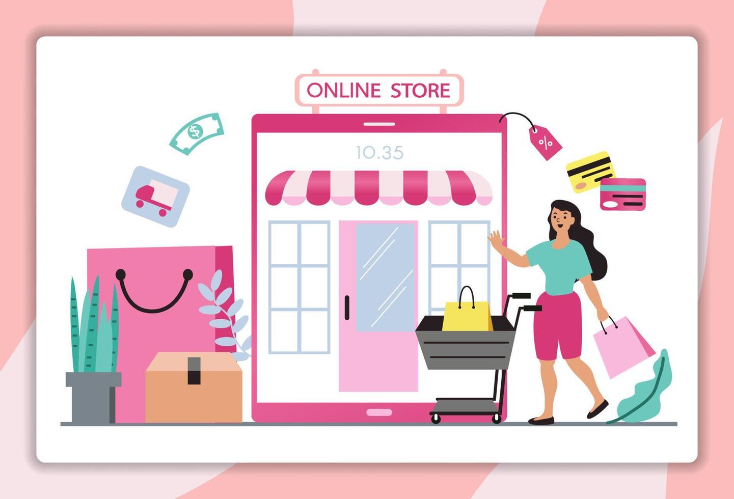 mujeres felices con compras en pago móvil con tarjeta de crédito. compras en línea en una tienda en línea en un sitio web o aplicación móvil. el concepto de vector ama ir de compras. diseño para banner de venta, marketing digital.