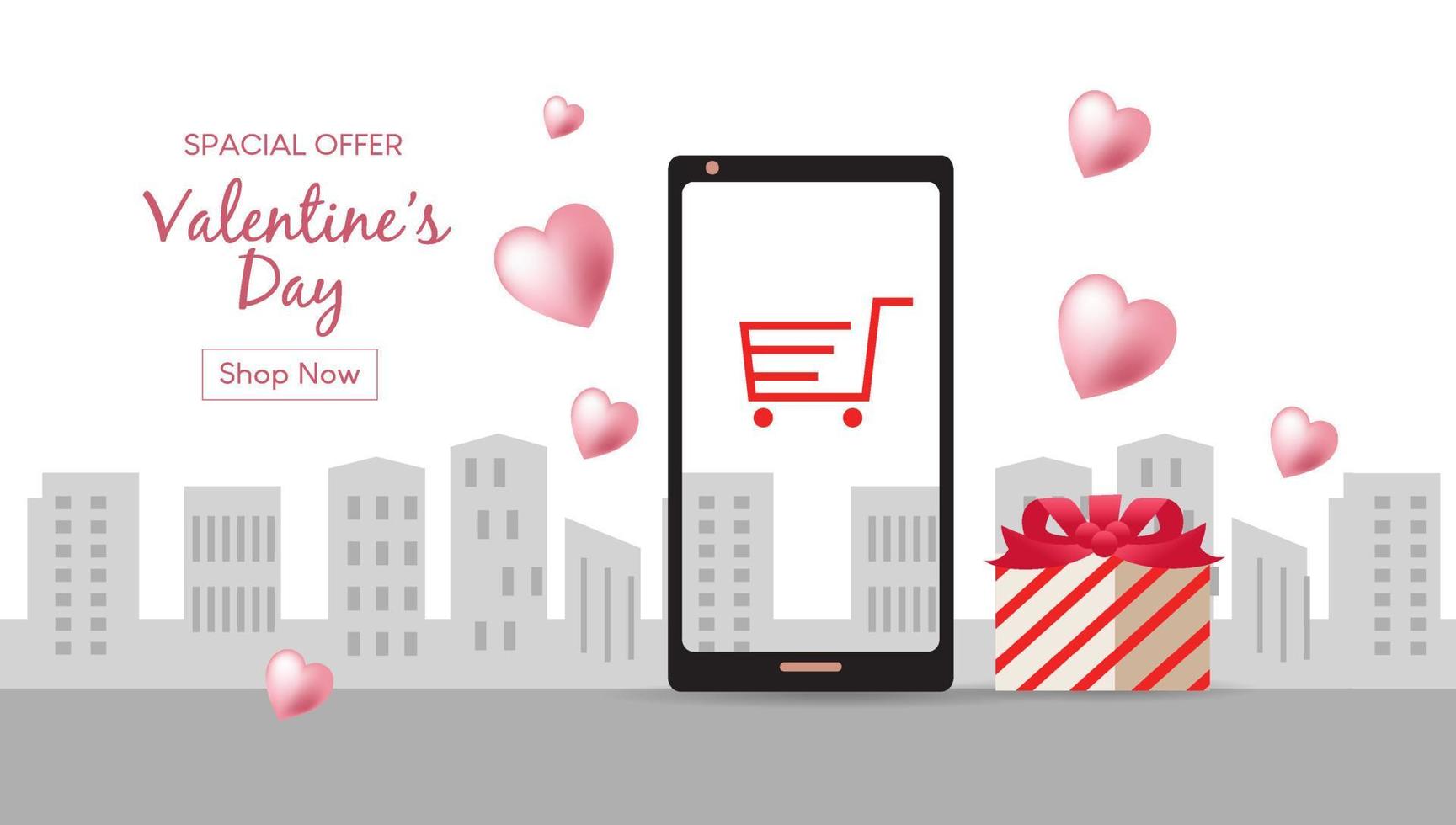 concepto de amor fondo rosa. comprar en línea para el día de san valentín. enviar regalos especiales con comodidad móvil y caja fuerte. banner para promoción en línea o sitio web.tienda en línea en la aplicación móvil.vector vector