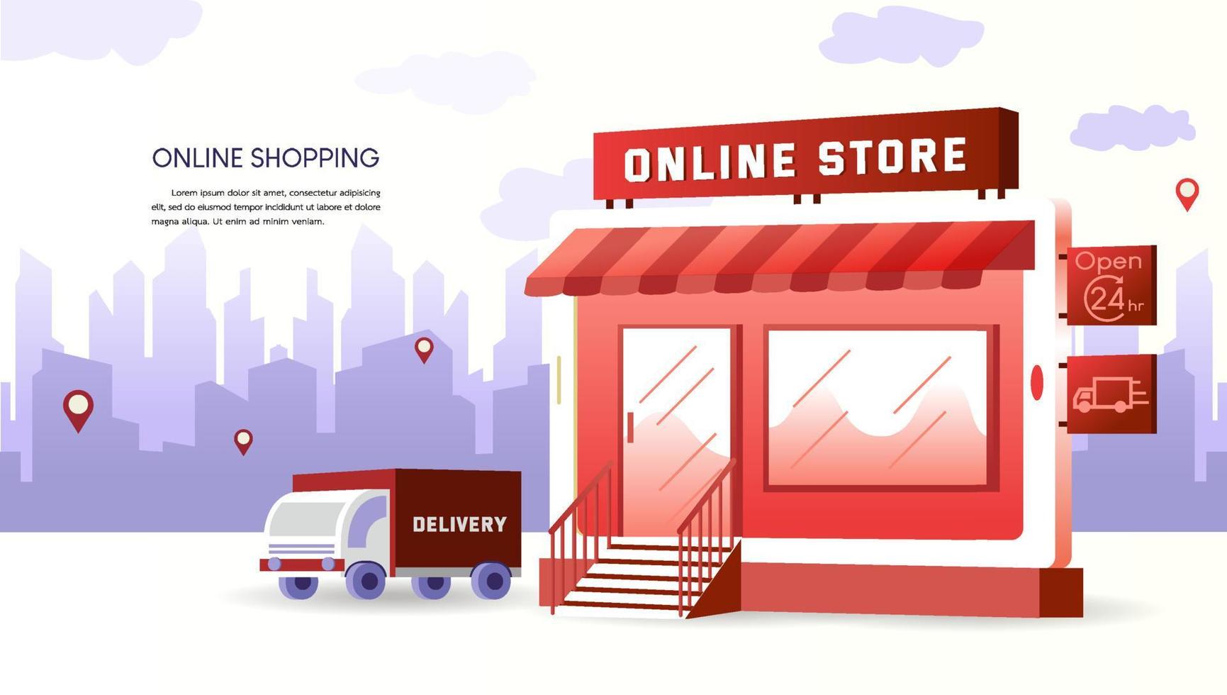 Online shopping illustration, There is a white mobile, a red shopping cart, and a shopping bag. Design for website, sale banner, landing page, mobile app, shop online, online store, business vector