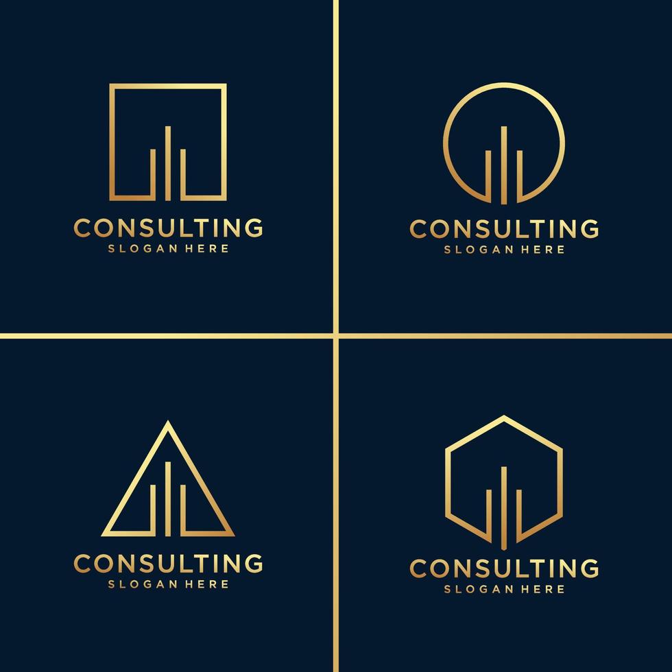 Golden consulting or building logo and business card with line art design. gold, building, consulting, chart, business card, company, office, Premium Vector