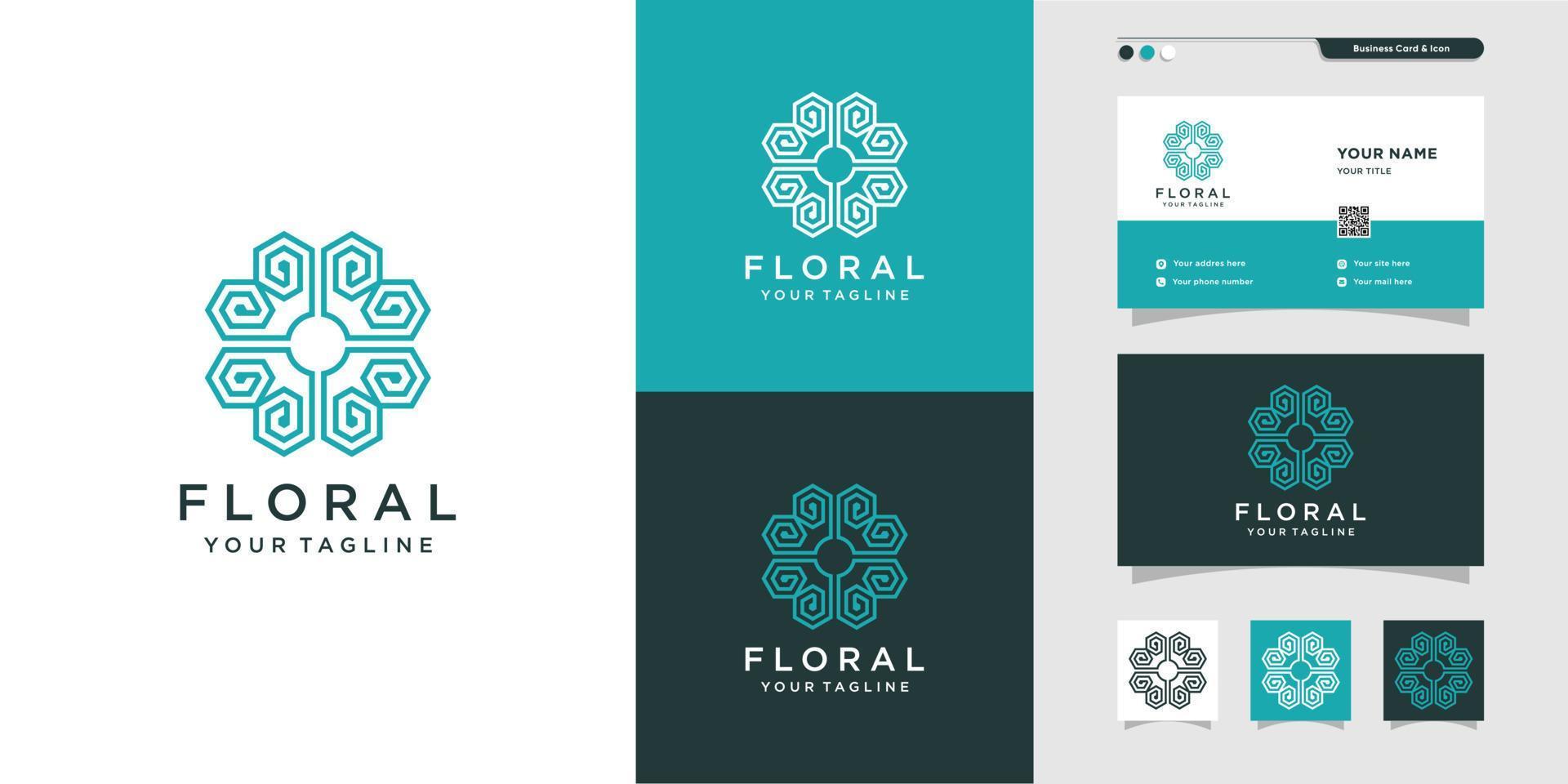 Floral ornament logo with line art style and business card design, luxury, abstract, beauty, icon Premium Vector