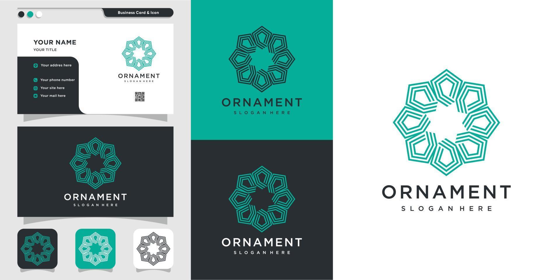 Ornament with line art logo and business card design, luxury, abstract, beauty, icon Premium Vector