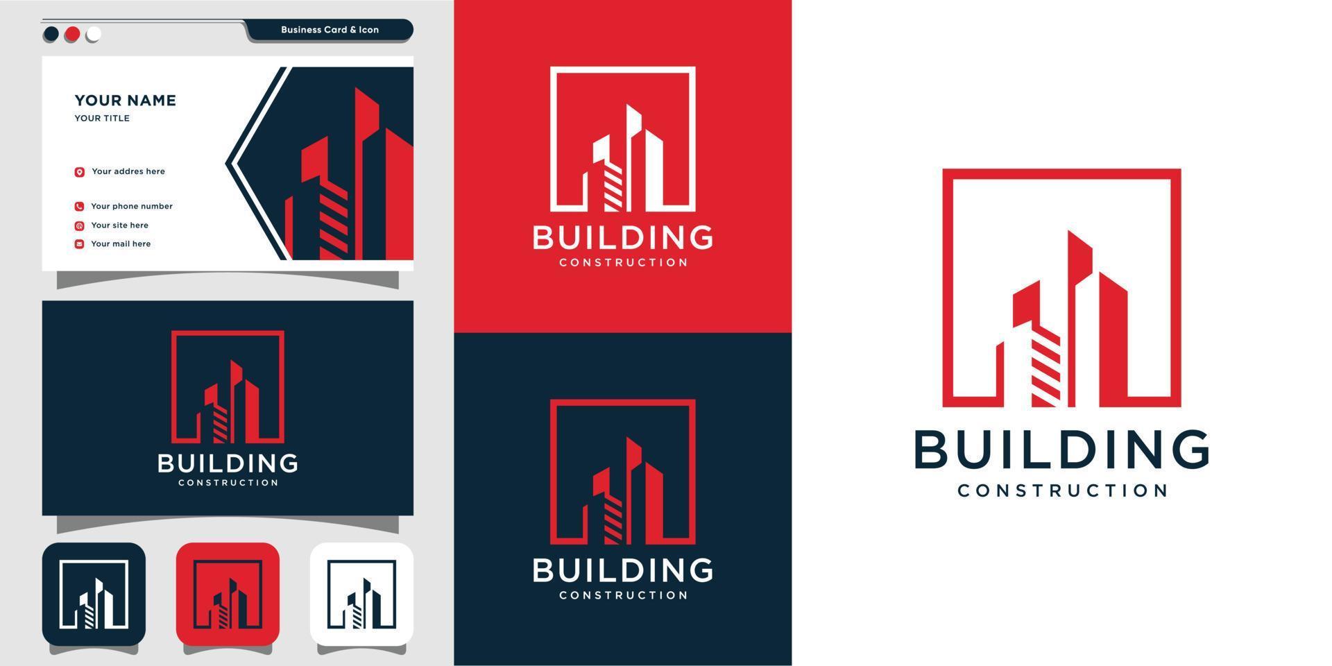 logotipo de construcción de edificios modernos y diseño de tarjetas de visita, icono, concepto moderno, arquitectónico, finca, vector premium