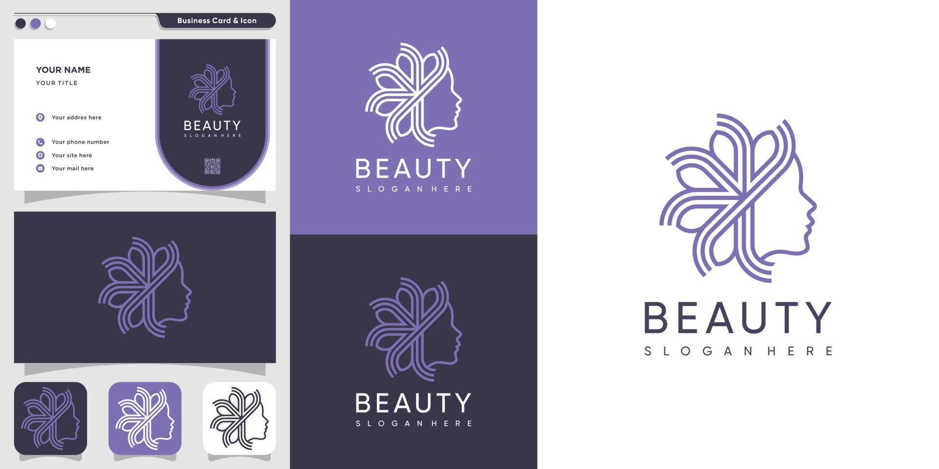 logotipo de belleza para mujer con estilo de arte de línea y plantilla de diseño de tarjeta de visita, hoja, mujer, belleza, cara, arte de línea, diseño premium vector