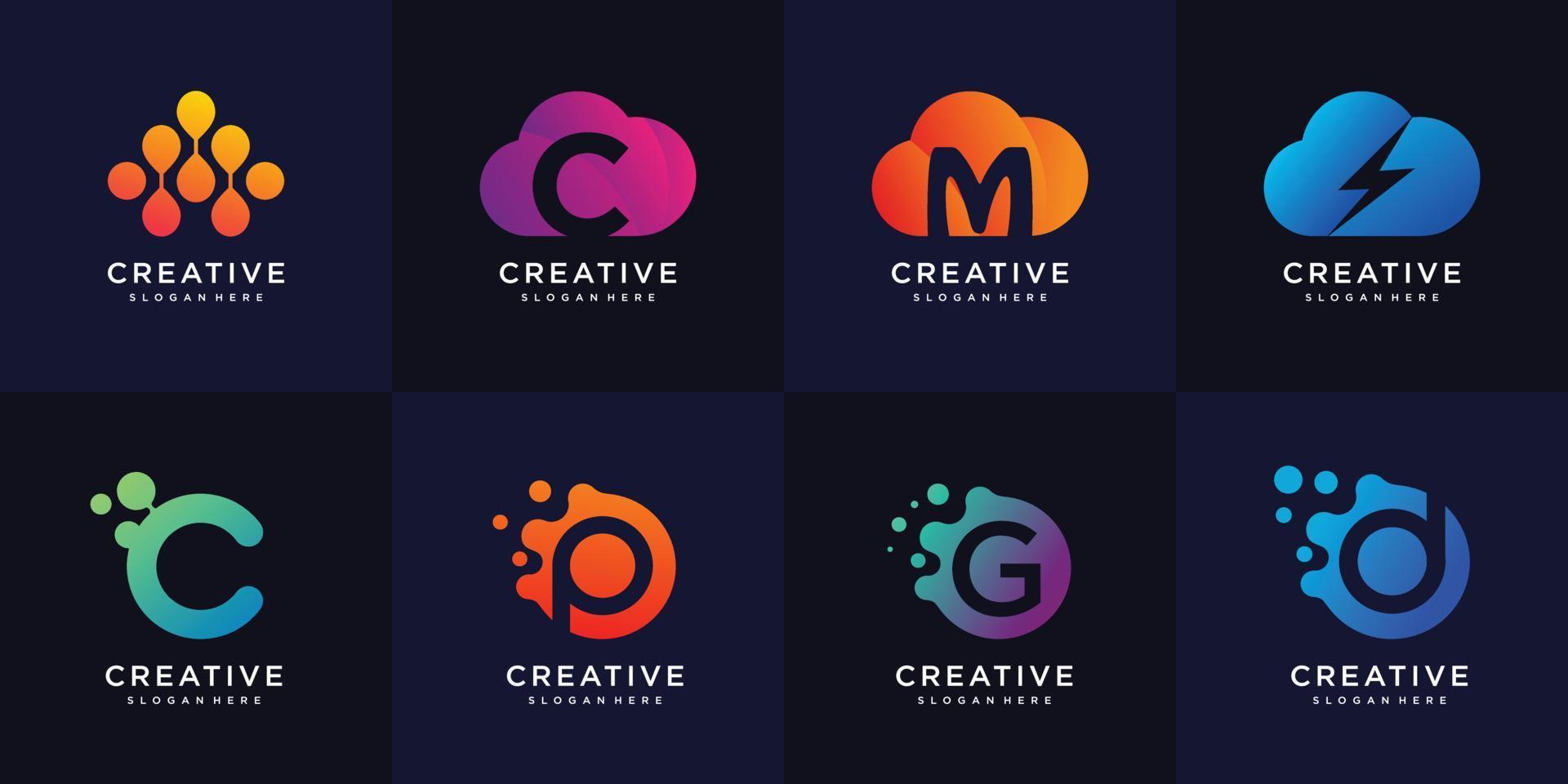 colección de logotipos de moléculas y nubes con interior inicial, plantilla de logotipo, plantilla de diseño, logotipo, vector premium