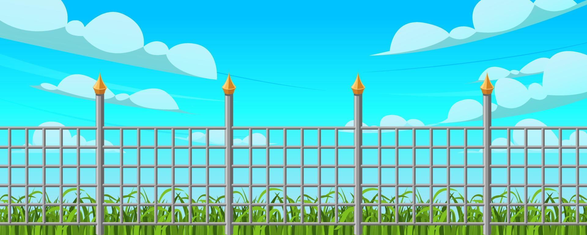 Illustration of iron fence with clear sky. grass inside the iron fence. vector iron fence background.