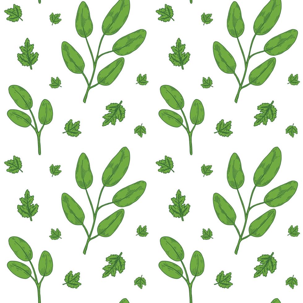 Spring floral seamless pattern with fresh green branches. Hand drawn vector illustration