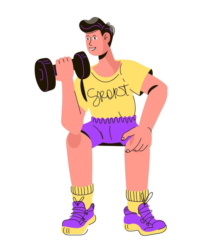 Young man doing sport exercises with dumbbells, flat cartoon vector illustration isolated on white background. Man leading healthy lifestyle and doing power sport workout. Fitness and gym topic.