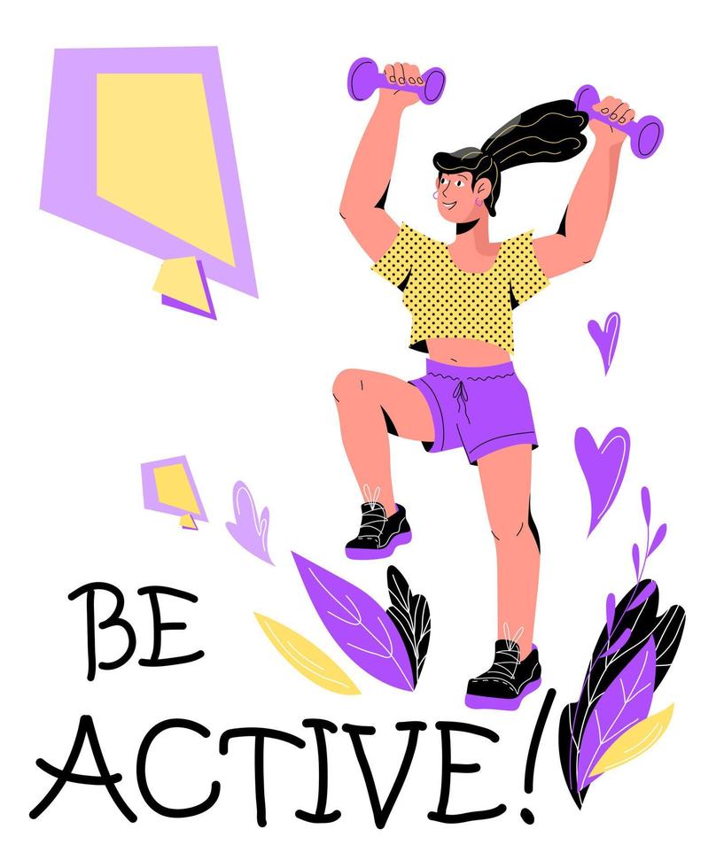 sea una tarjeta activa o una plantilla de banner con una mujer haciendo ejercicios deportivos con pesas, ilustración vectorial de caricatura plana sobre fondo blanco. estilo de vida saludable y actividad física. vector