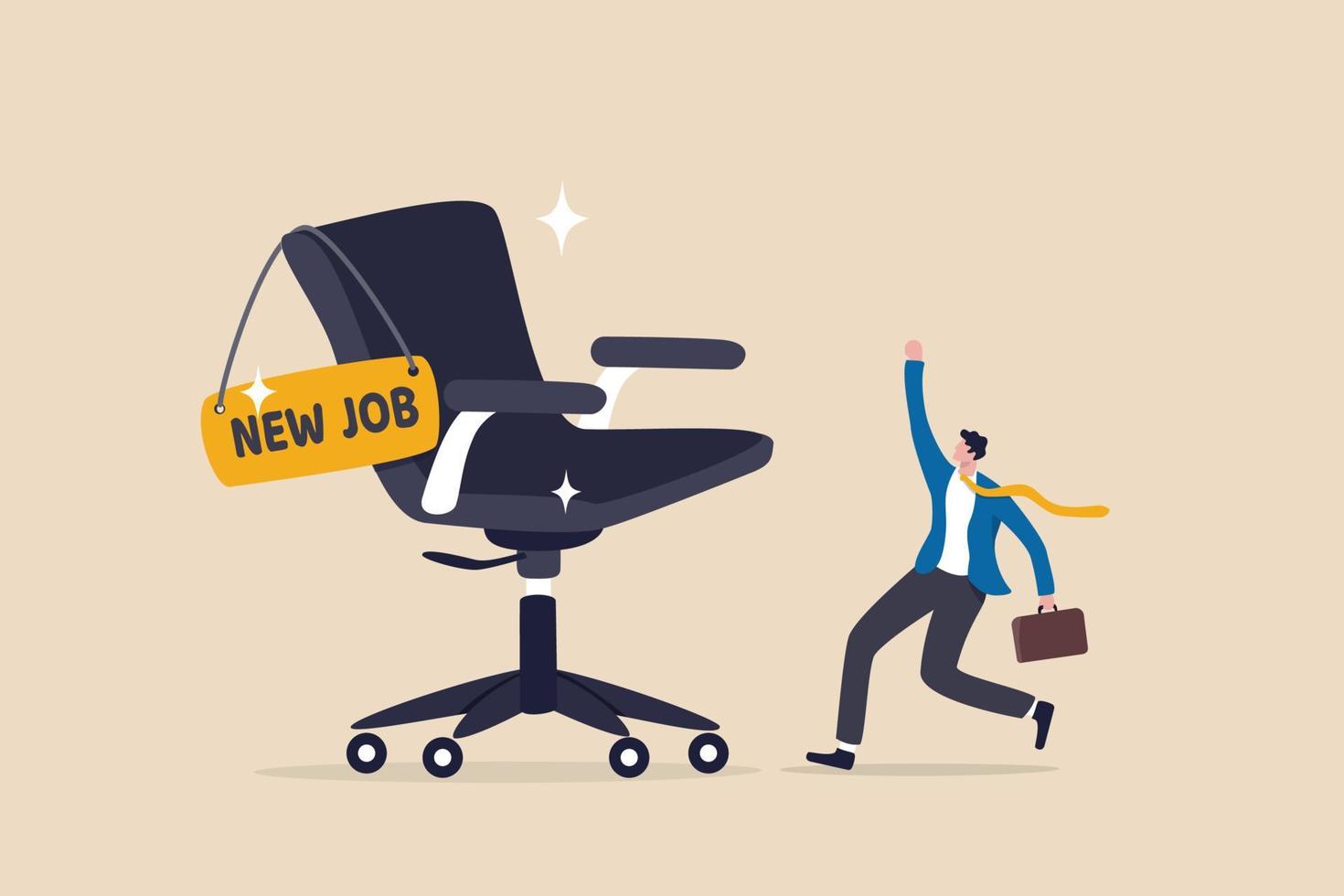 nueva oferta de trabajo o nueva oportunidad de carrera, empleo y contratación, ascendido a un nuevo puesto o contratación de personal por concepto de vacante, feliz y alegre saludo de hombre de negocios con su nueva silla de oficina de trabajo. vector