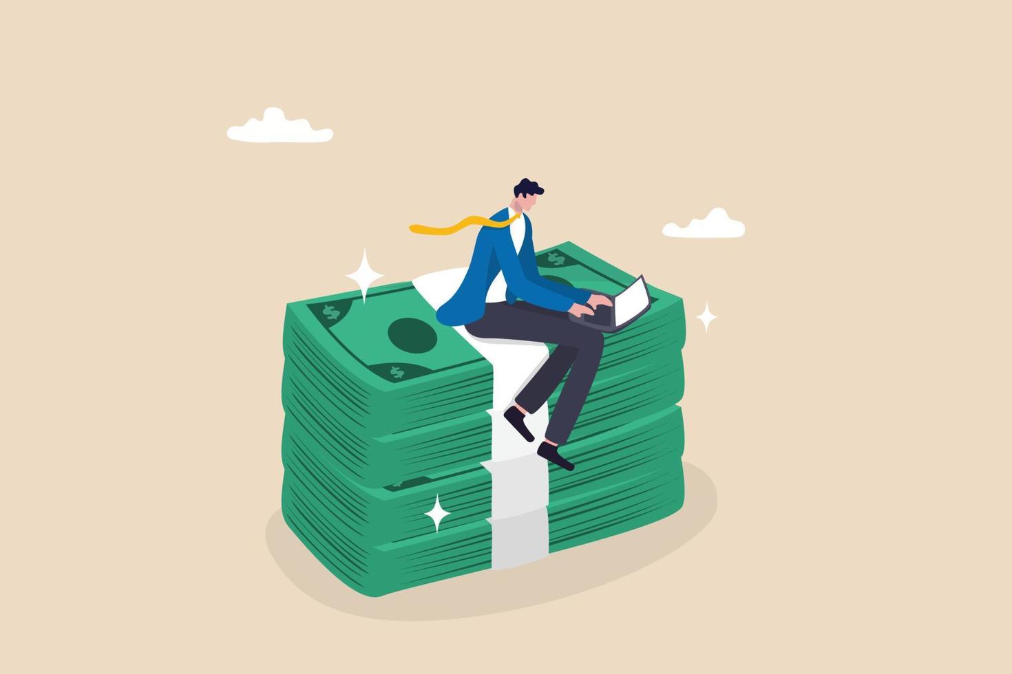 High paying jobs or high salary career, excellent income and wages, make money online with computer and internet concept, happy businessman working with computer laptop on stack of money bundle. vector