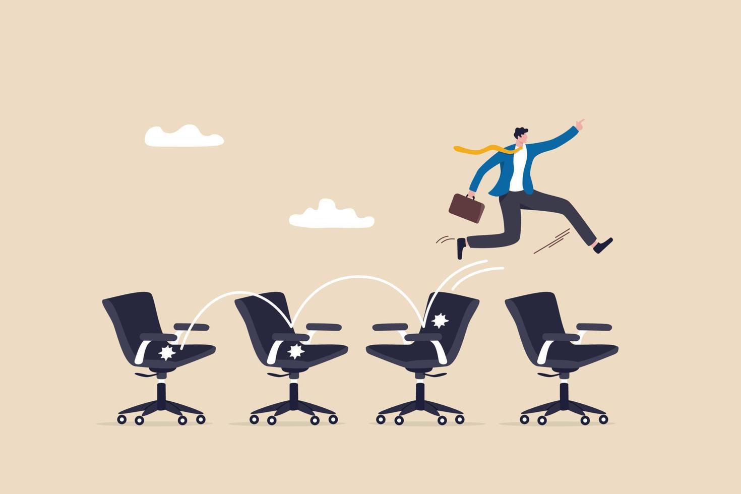 Job hopping, change many jobs in short time, move to new better career or position, cheerful businessman candidate jumping from office chair to new office metaphor of often changing job. vector