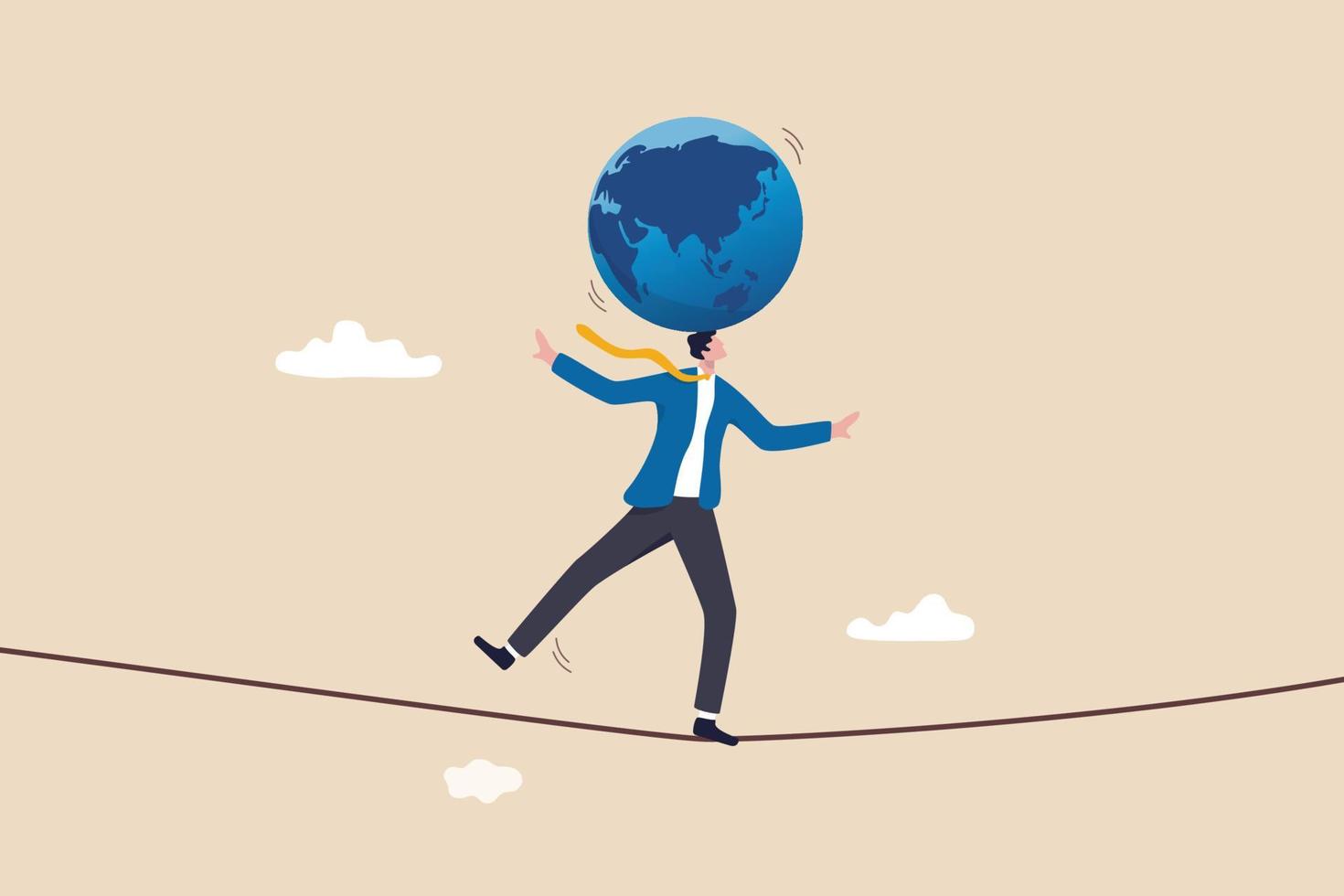 Geopolitical risk, world leader conflict, war and invasion danger causing economic and investment risk, nuclear war tension concept, businessman leader acrobat try to balance world globe on his head. vector