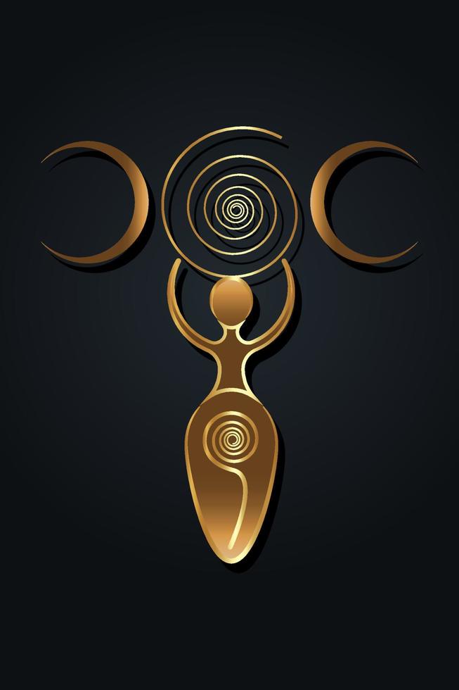 Triple goddess of fertility, Wiccan Pagan Symbols, The spiral cycle of life, death and rebirth. Wicca woman mother earth symbol of  procreation, gold vector isolated on black background