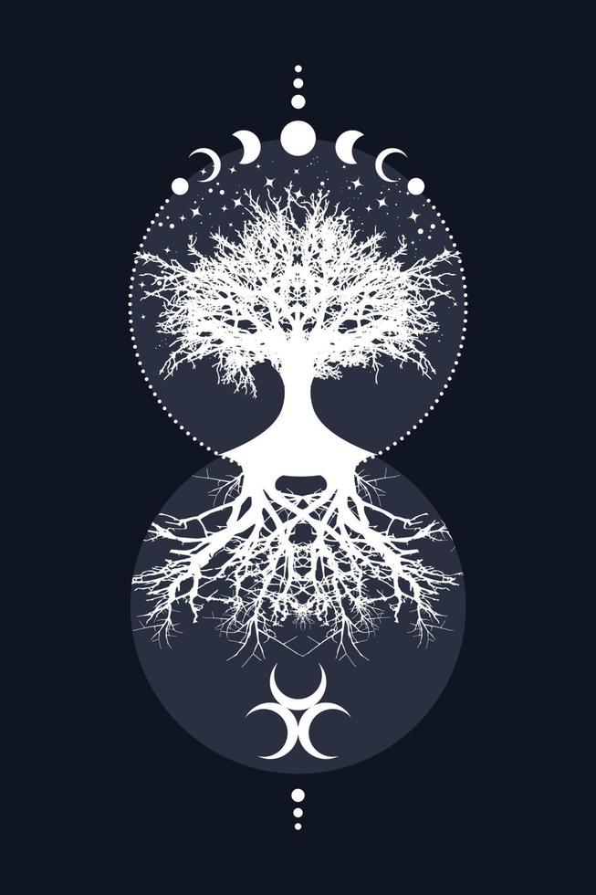 Sacred tree and crescent moon. Triple Goddess Mystical Moon Phases, tree of life, Sacred geometry. Mother Earth Wicca banner old sign, energy circle, boho style vector isolated blue vintage background