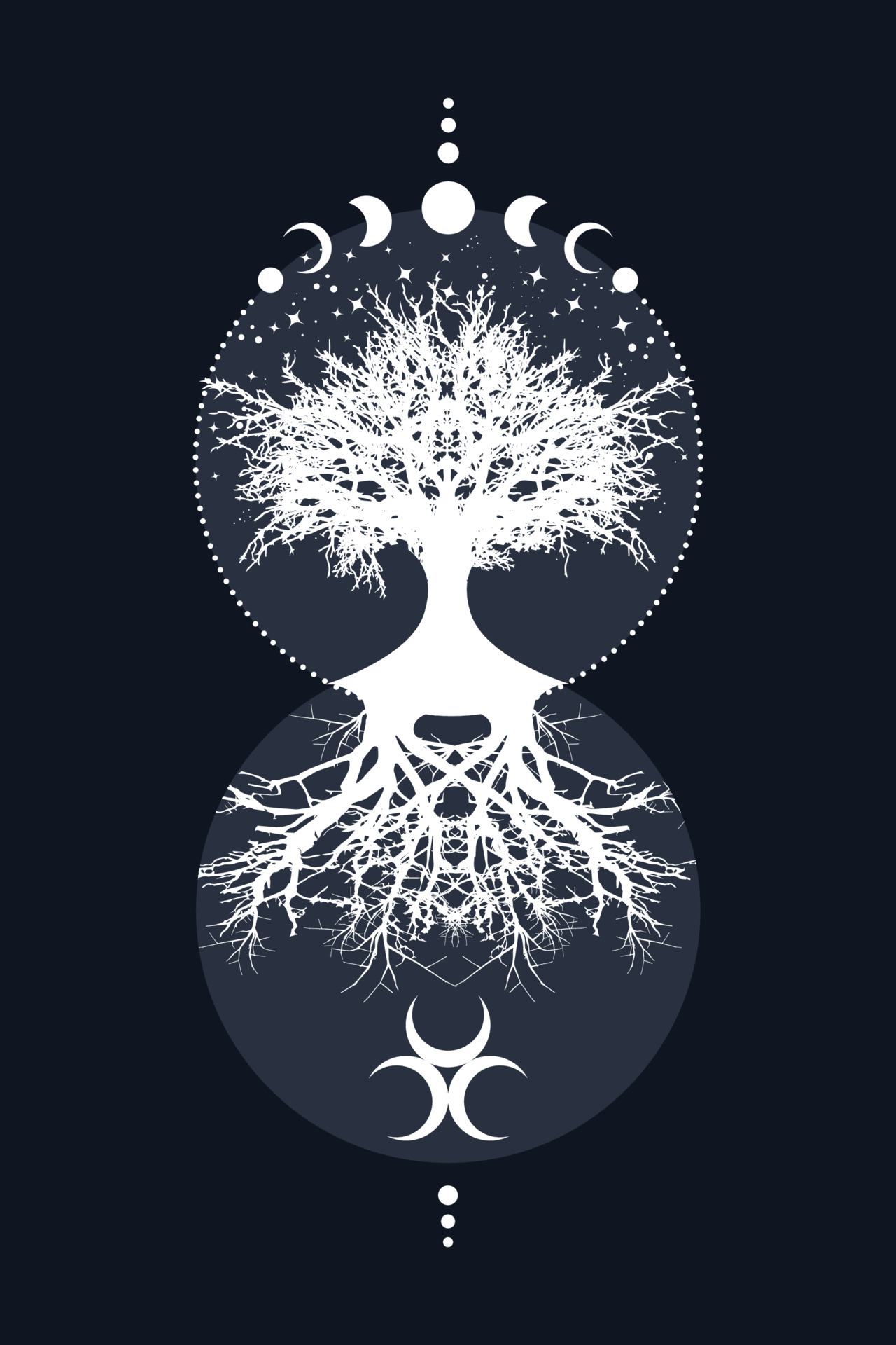Sacred Tree And Crescent Moon Triple Goddess Mystical Moon Phases Tree Of Life Sacred Geometry Mother Earth Wicca Banner Old Sign Energy Circle Boho Style Vector Isolated Blue Vintage Background Vector