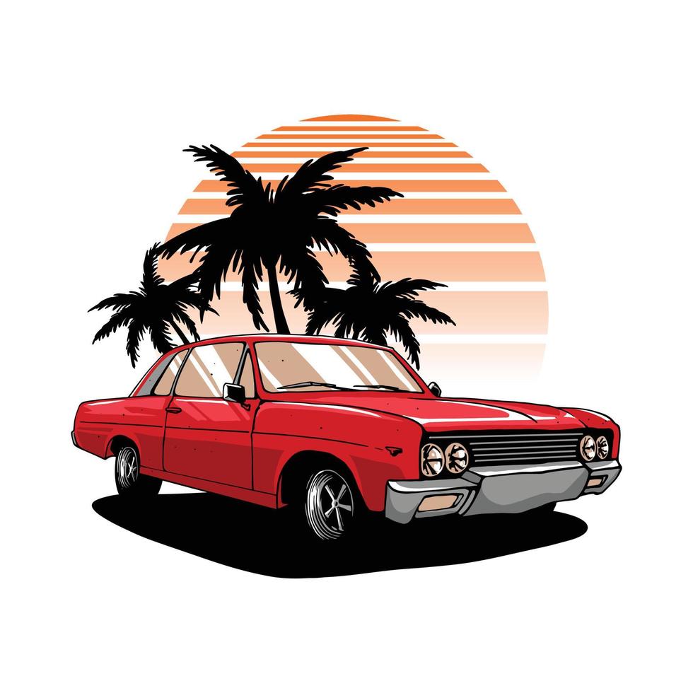 classic car with palm beach illustration vector