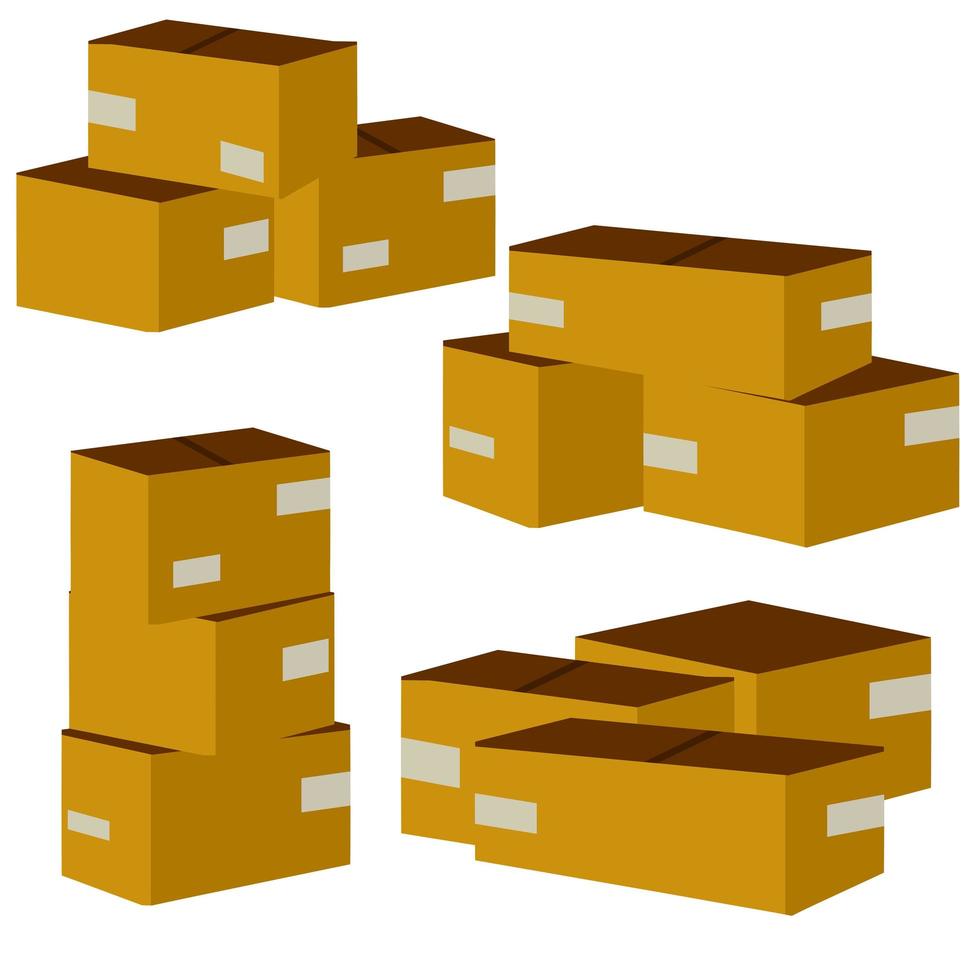 Set of parcels in cardboard boxes. Square carton. Cartoon flat illustration. vector