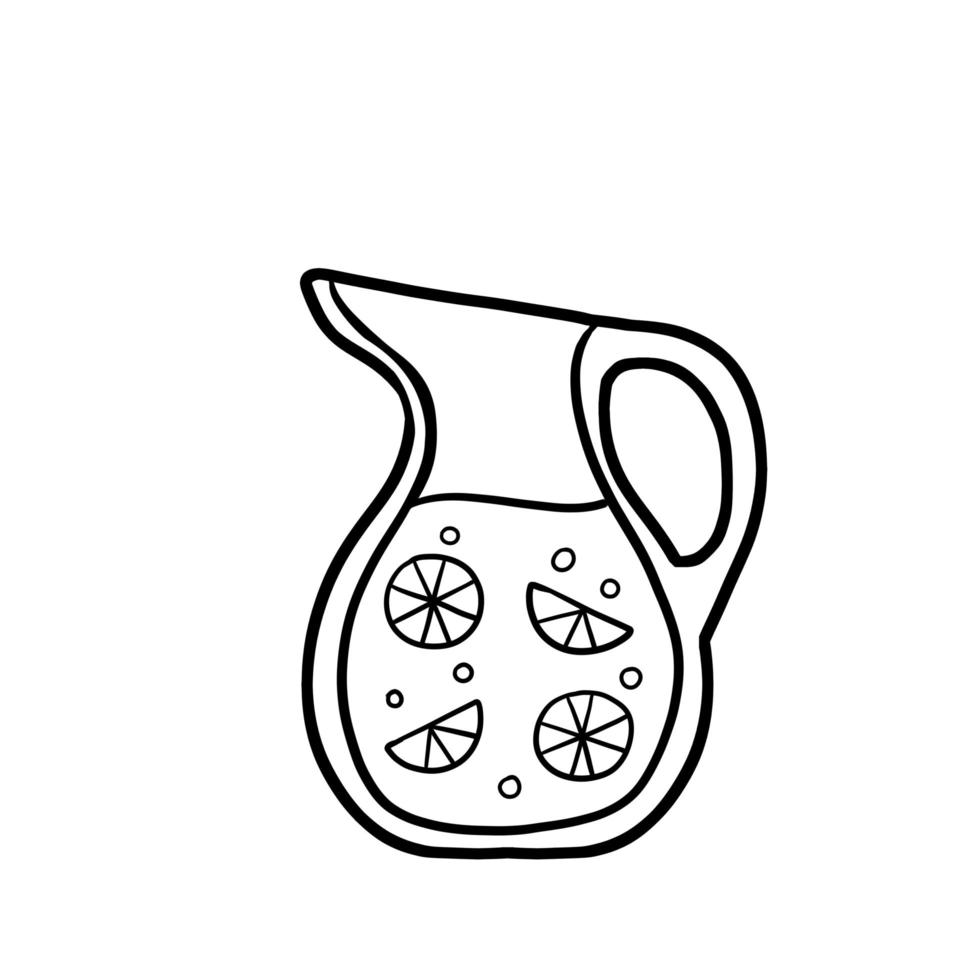 Lemonade in jug. Summer refreshing drink in glass jar with lemon. Outline cartoon illustration vector