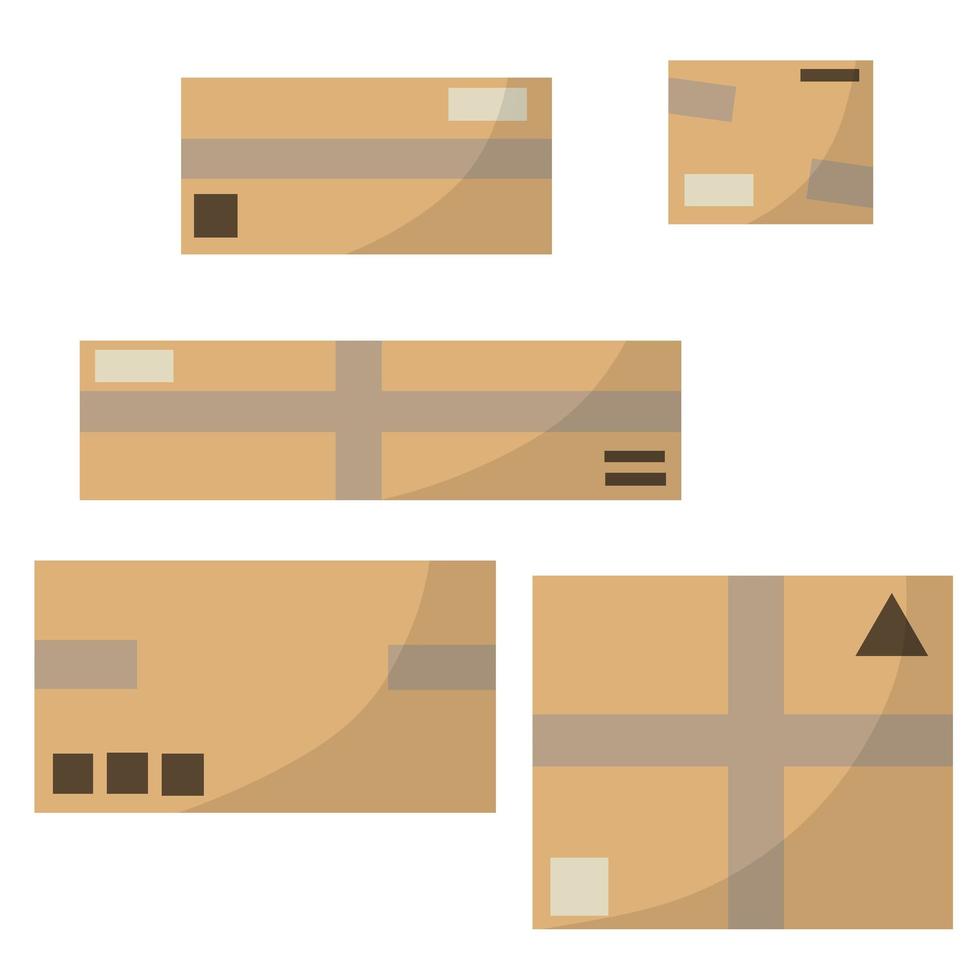 Set of parcels in cardboard boxes. Square carton. vector