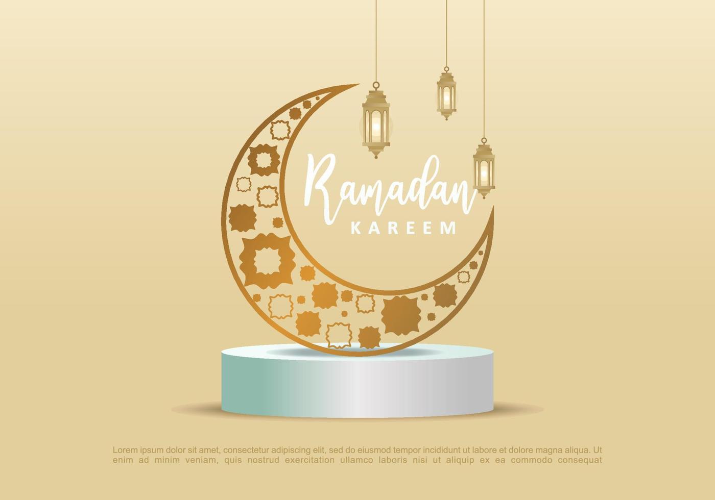 cartel de ramadan kareem con luna, linternas y adornos islámicos. vector