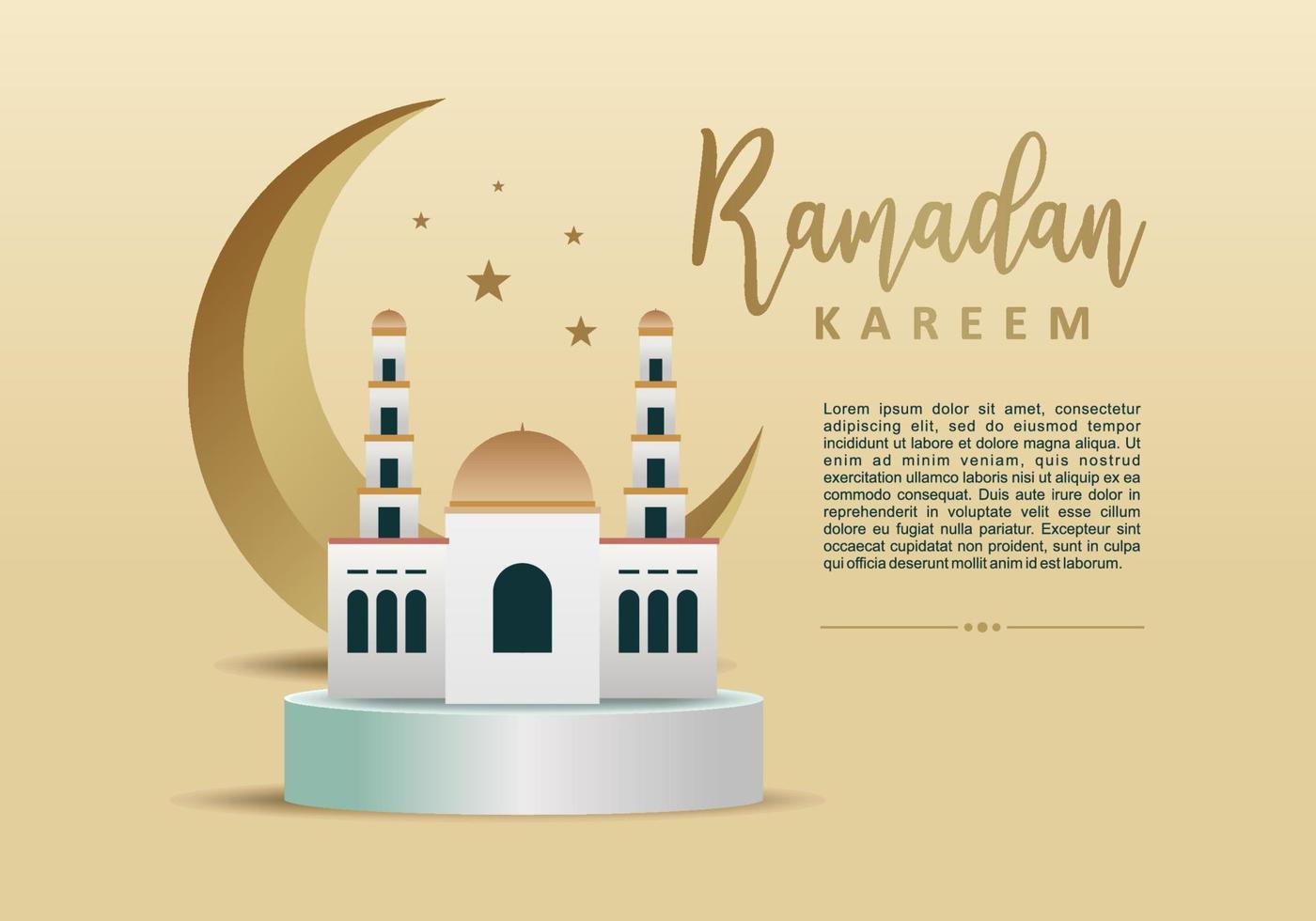 Ramadan kareem poster with big moon, stars and white mosque. vector