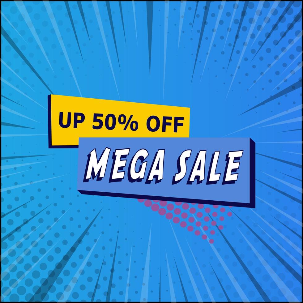 Comic zoom web banner, business card, template MEGA SALE 50 percent - Vector