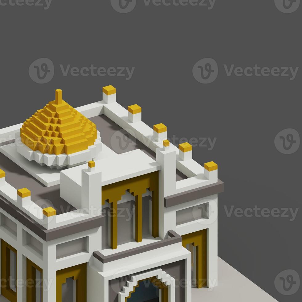 Representación 3d de voxel de la ilustración de la mezquita con un esquema de color amarillo, blanco y gris. perfecto para eventos islámicos y carteles de tarjetas de felicitación foto