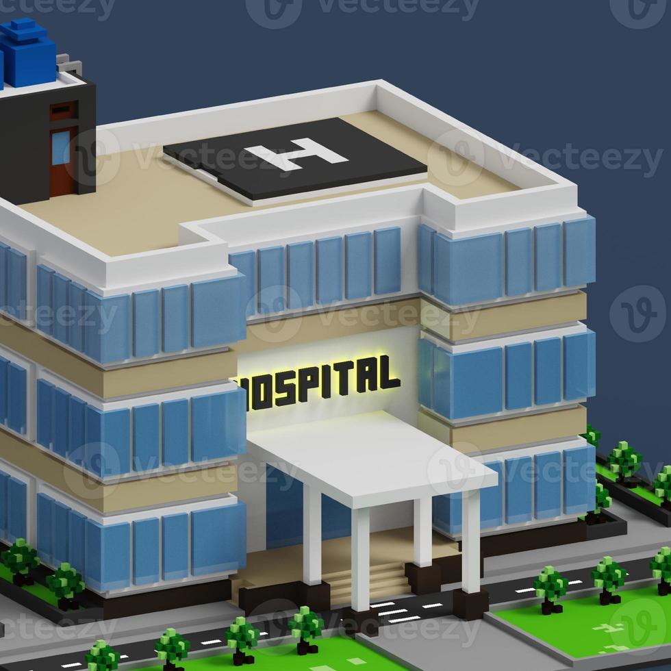 Representación 3d voxel del edificio del hospital con un esquema de color blanco, azul, negro, verde y beige. perfecto para la pancarta del programa de campaña del hospital foto