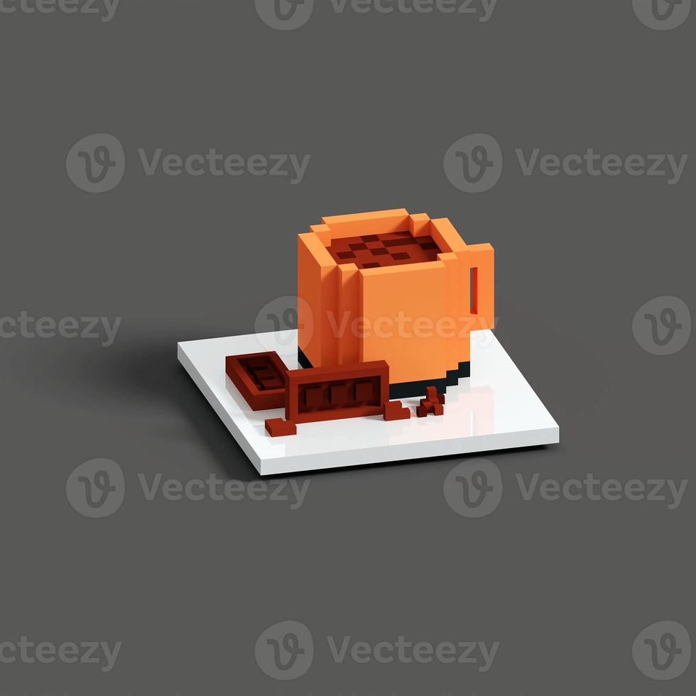 Representación 3d de voxel de bebida de chocolate en una taza usando un esquema de color naranja, marrón, negro y gris. adecuado para la ilustración de productos de bebidas en la promoción de los medios foto