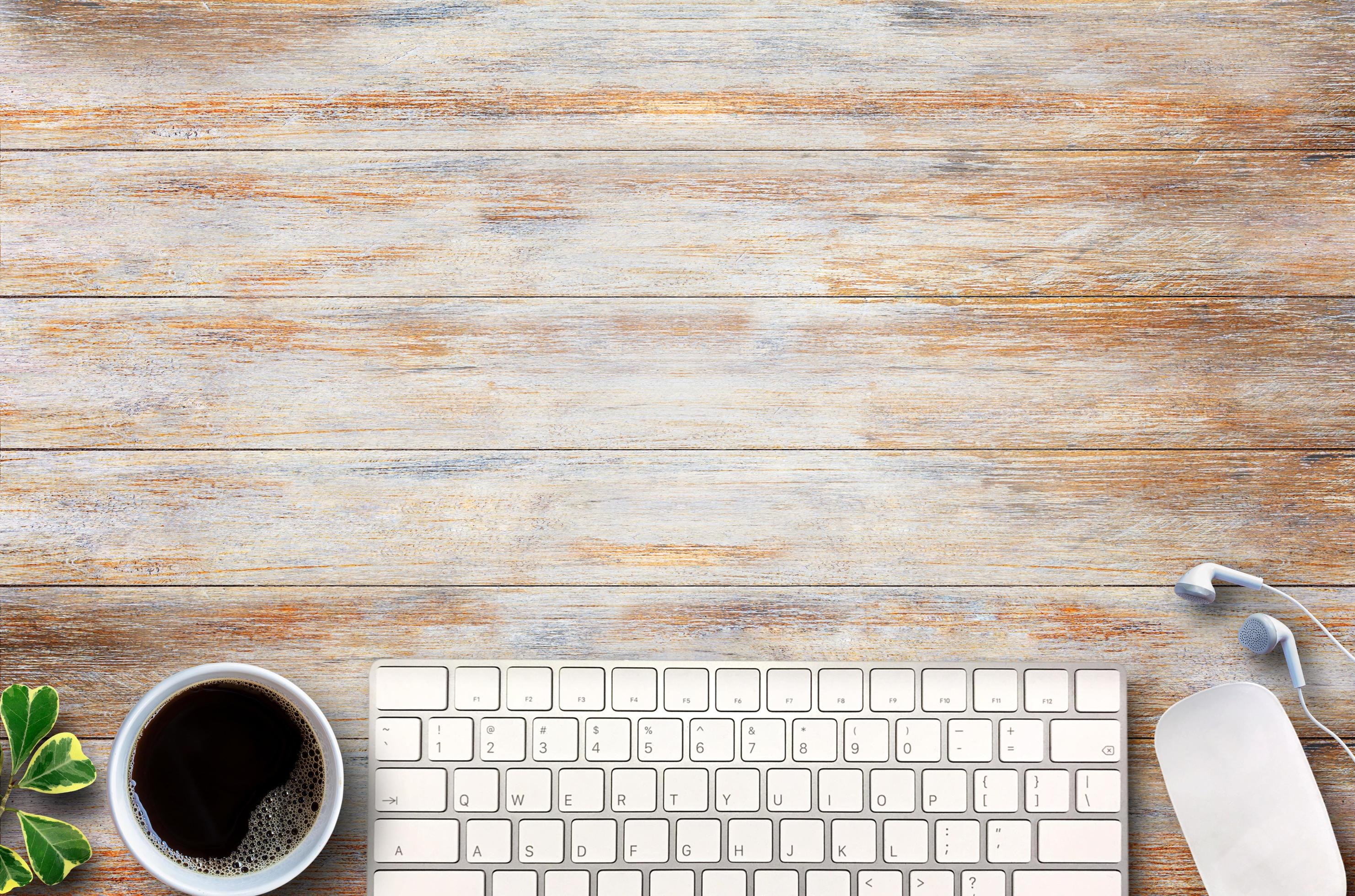 Top view office desk table with supplies on blue background. 6391019